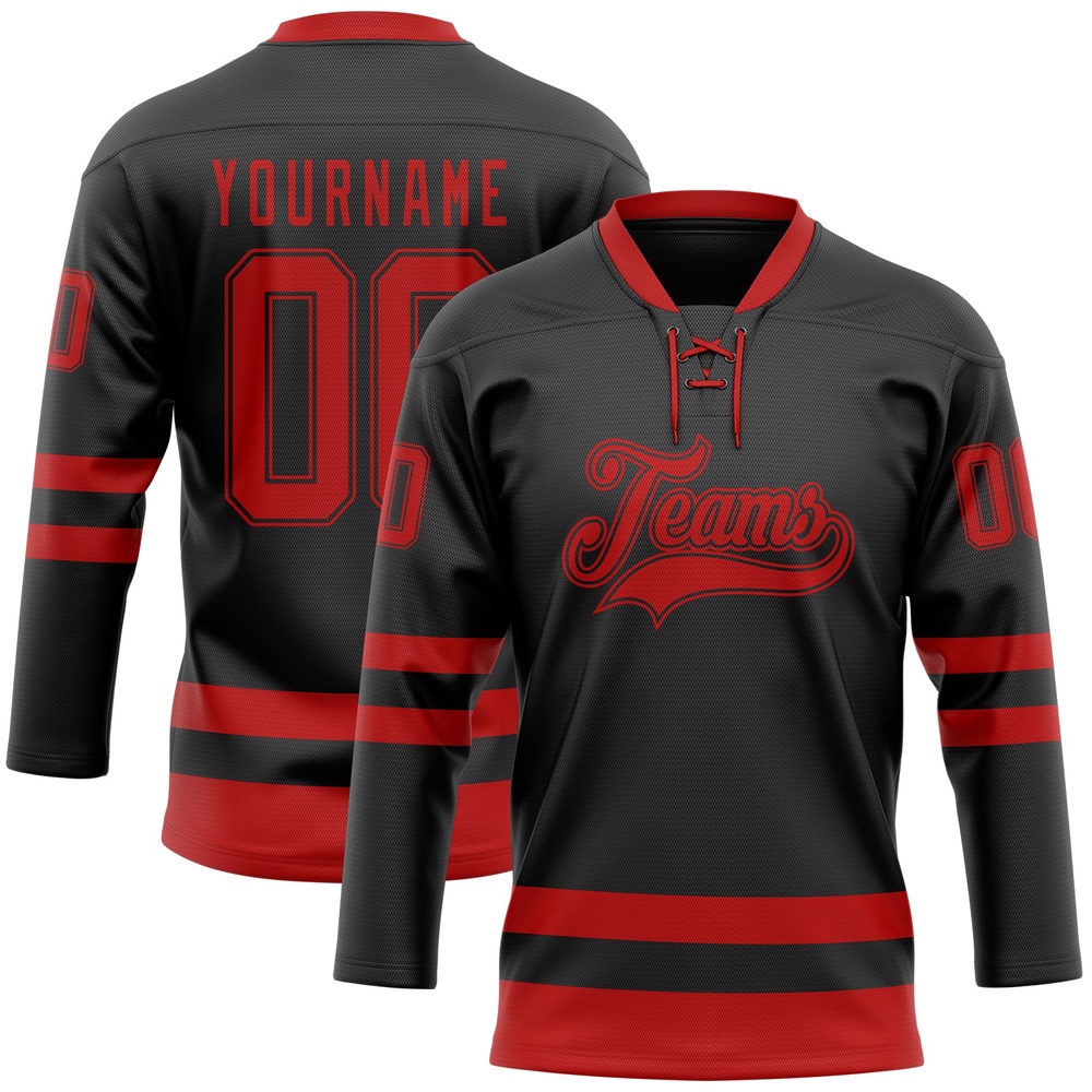 Custom Black Red Hockey Lace Neck Jersey, New Hockey Jersey, Personali Sport Team Jersey Shirt Custom Black Red Hockey Lace Neck Jersey, New Hockey Jersey, Personali Sport Team Jersey Shirt