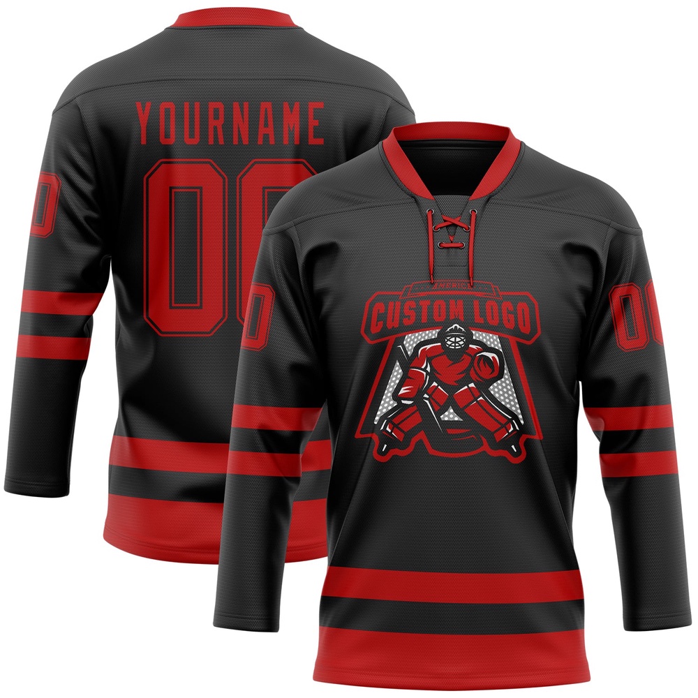 Custom Black Red Hockey Lace Neck Jersey, New Hockey Jersey, Personali Sport Team Jersey Shirt Custom Black Red Hockey Lace Neck Jersey, New Hockey Jersey, Personali Sport Team Jersey Shirt