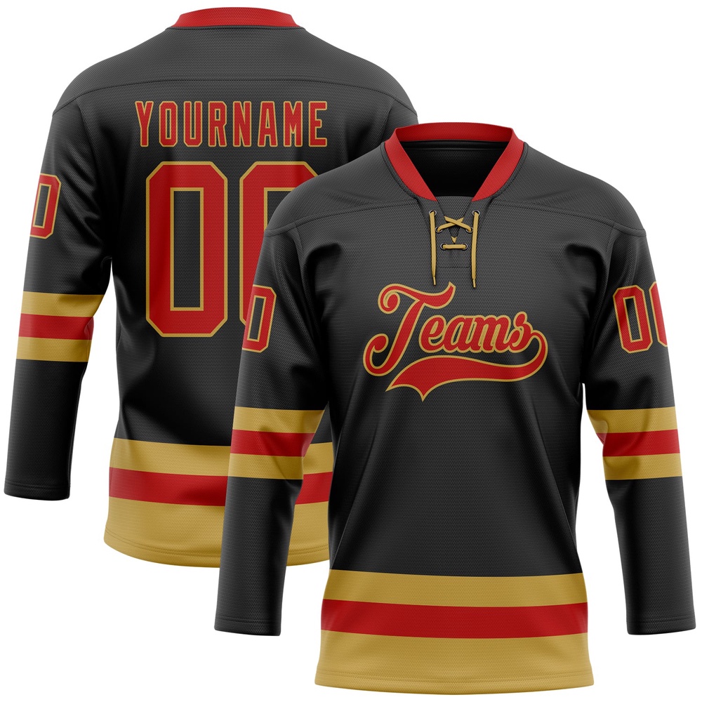 Custom Black Red Old Gold Hockey Lace Neck Jersey, New Hockey Jersey, Personali Sport Team Jersey Shirt Custom Black Red Old Gold Hockey Lace Neck Jersey, New Hockey Jersey, Personali Sport Team Jersey Shirt