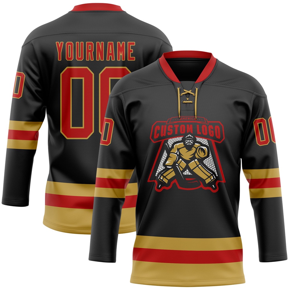 Custom Black Red Old Gold Hockey Lace Neck Jersey, New Hockey Jersey, Personali Sport Team Jersey Shirt Custom Black Red Old Gold Hockey Lace Neck Jersey, New Hockey Jersey, Personali Sport Team Jersey Shirt
