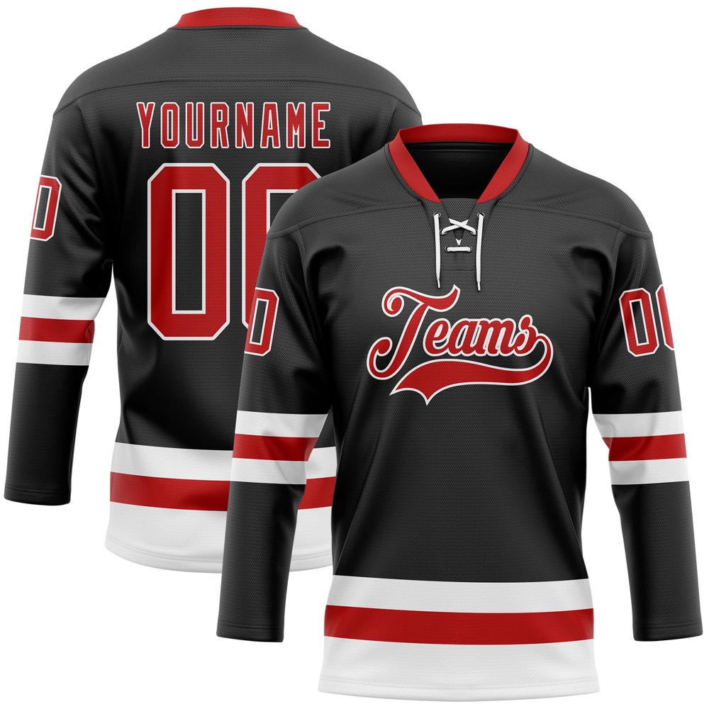 Custom Black Red White Hockey Lace Neck Jersey, New Hockey Jersey, Personali Sport Team Jersey Shirt Custom Black Red White Hockey Lace Neck Jersey, New Hockey Jersey, Personali Sport Team Jersey Shirt