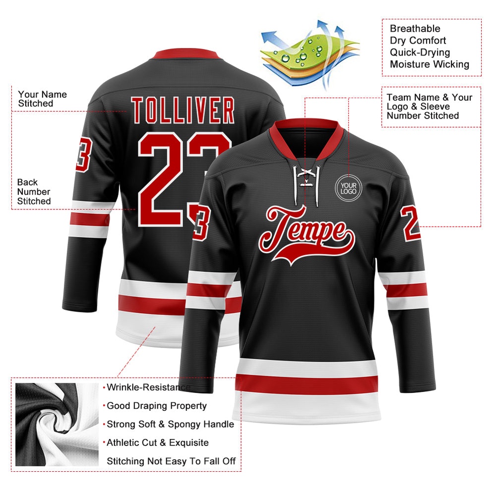Custom Black Red White Hockey Lace Neck Jersey, New Hockey Jersey, Personali Sport Team Jersey Shirt Custom Black Red White Hockey Lace Neck Jersey, New Hockey Jersey, Personali Sport Team Jersey Shirt