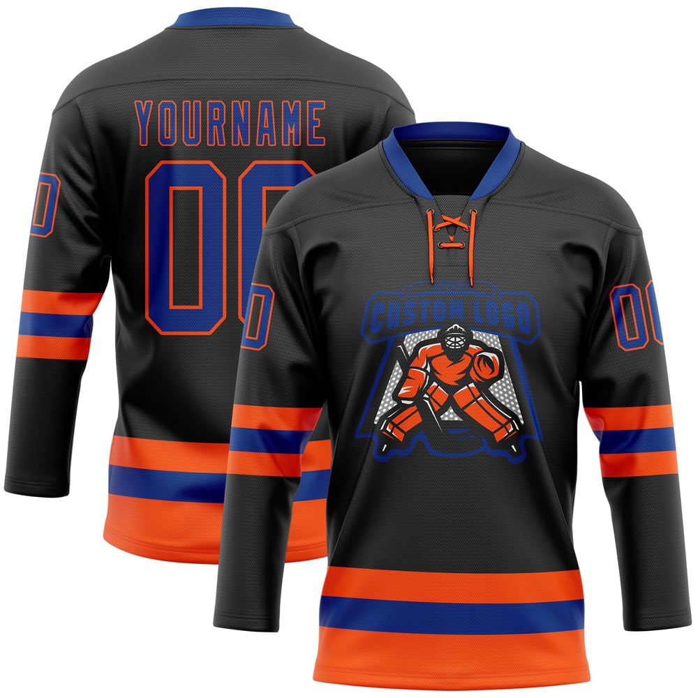 Custom Black Royal Orange Hockey Lace Neck Jersey, New Hockey Jersey, Personali Sport Team Jersey Shirt