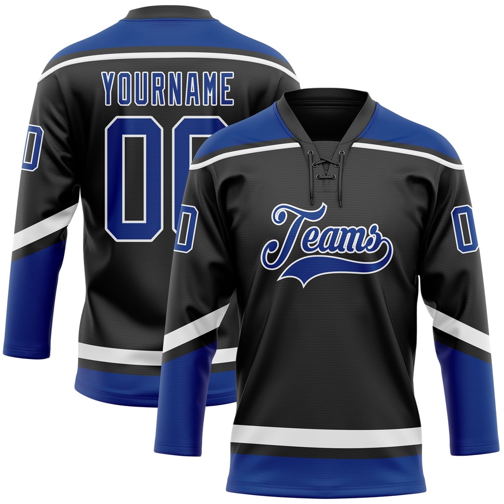 Custom Black Royal White Hockey Lace Neck Jersey, New Hockey Jersey, Personali Sport Team Jersey Shirt