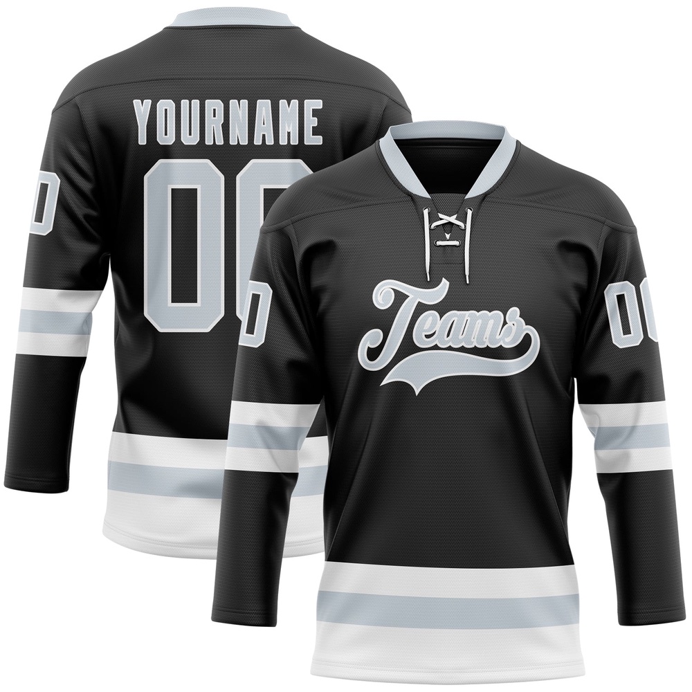 Custom Black Silver White Hockey Lace Neck Jersey, New Hockey Jersey, Personali Sport Team Jersey Shirt