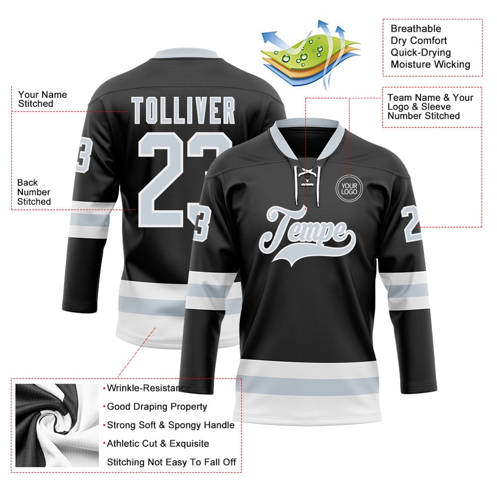 Custom Black Silver White Hockey Lace Neck Jersey, New Hockey Jersey, Personali Sport Team Jersey Shirt
