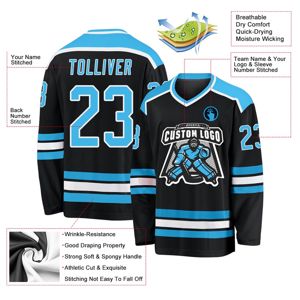 Custom Black Sky Blue White Hockey Jersey, New Hockey Jersey, Personali Sport Team Jersey Shirt
