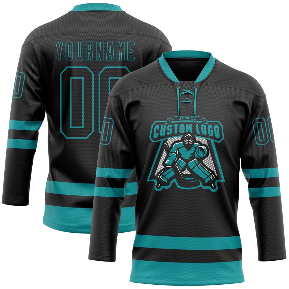 Custom Black Teal Hockey Lace Neck Jersey, New Hockey Jersey, Personali Sport Team Jersey Shirt