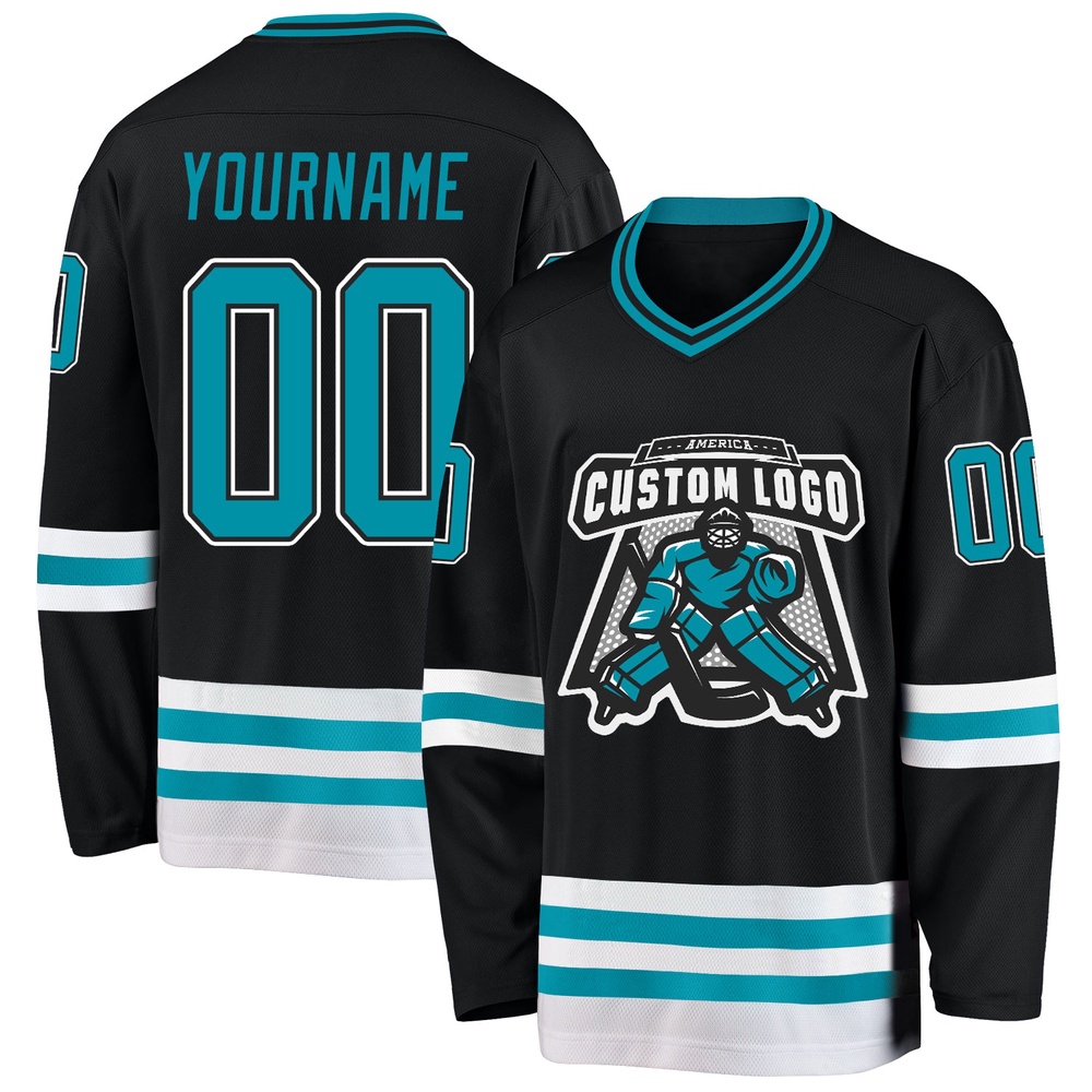 Custom Black Teal White Hockey Jersey, New Hockey Jersey, Personali Sport Team Jersey Shirt Custom Black Teal White Hockey Jersey, New Hockey Jersey, Personali Sport Team Jersey Shirt