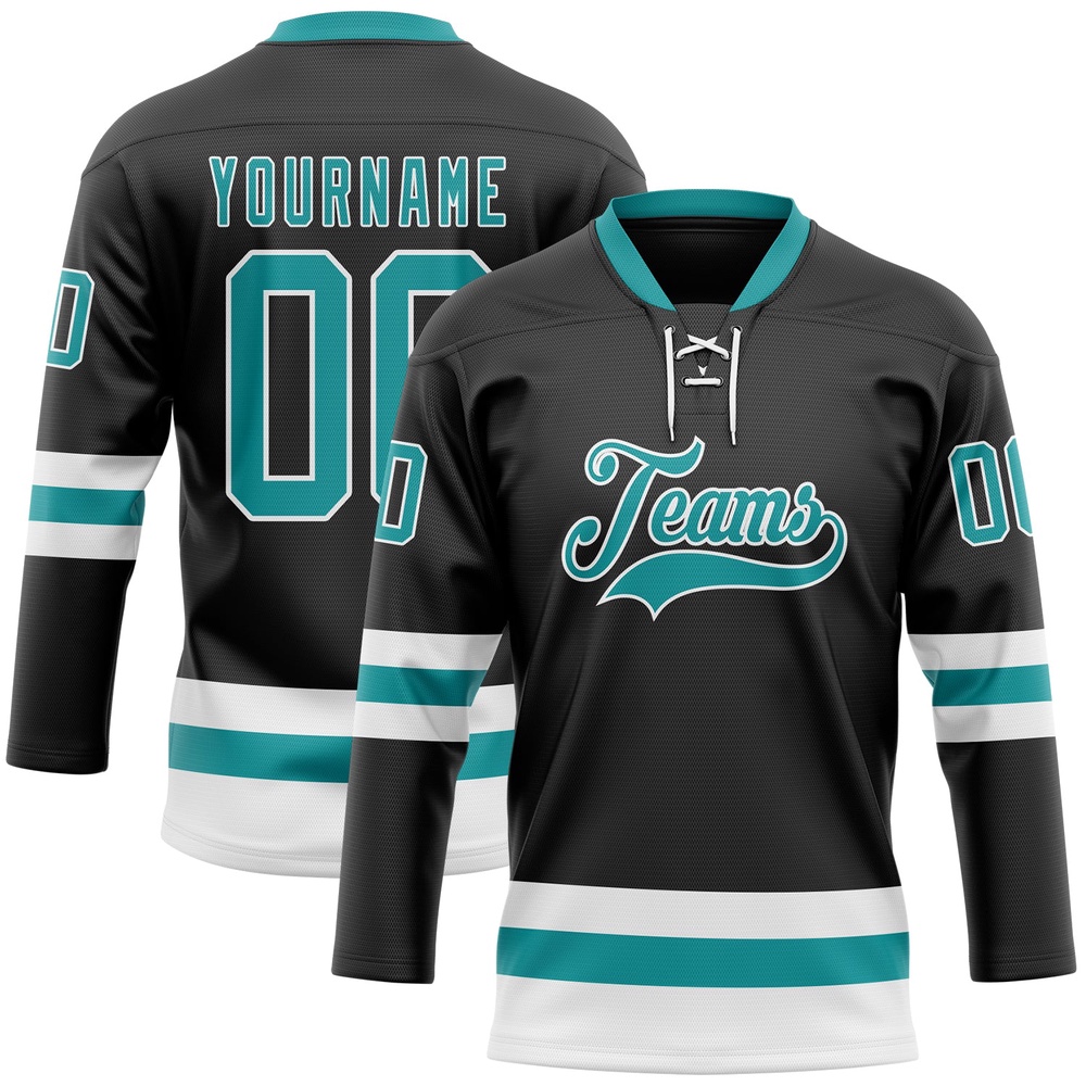 Custom Black Teal White Hockey Lace Neck Jersey, New Hockey Jersey, Personali Sport Team Jersey Shirt