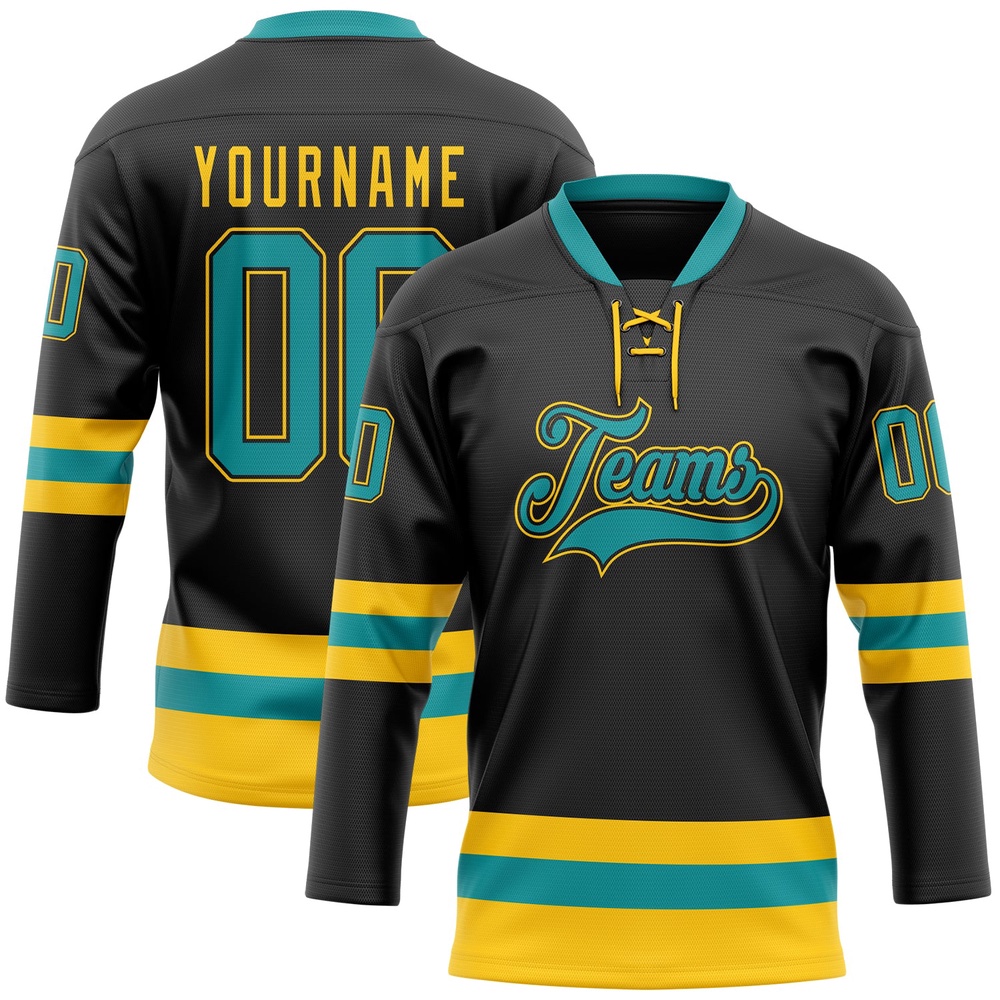 Custom Black Teal Yellow Hockey Lace Neck Jersey, New Hockey Jersey, Personali Sport Team Jersey Shirt