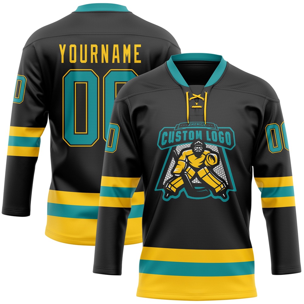 Custom Black Teal Yellow Hockey Lace Neck Jersey, New Hockey Jersey, Personali Sport Team Jersey Shirt