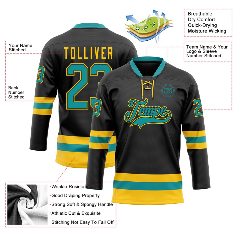 Custom Black Teal Yellow Hockey Lace Neck Jersey, New Hockey Jersey, Personali Sport Team Jersey Shirt