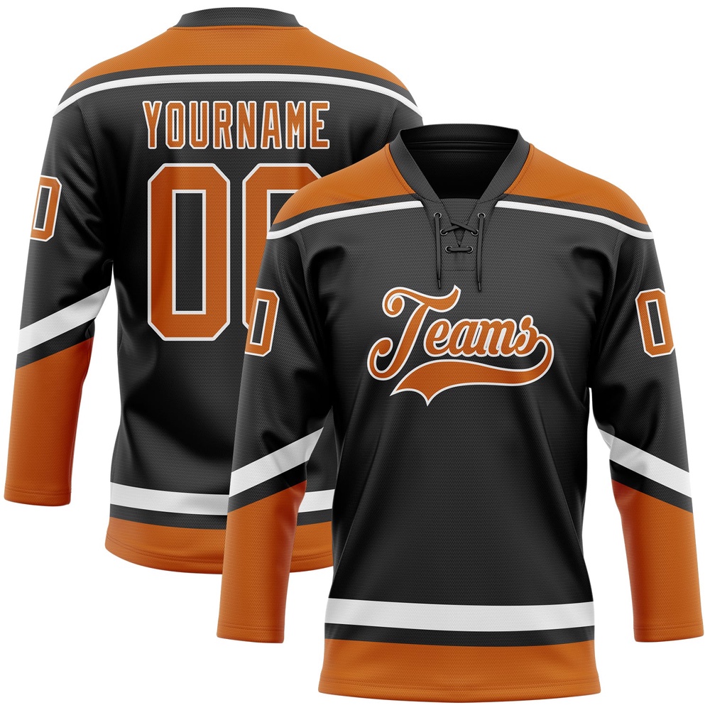 Custom Black Texas Orange White Hockey Lace Neck Jersey, New Hockey Jersey, Personali Sport Team Jersey Shirt