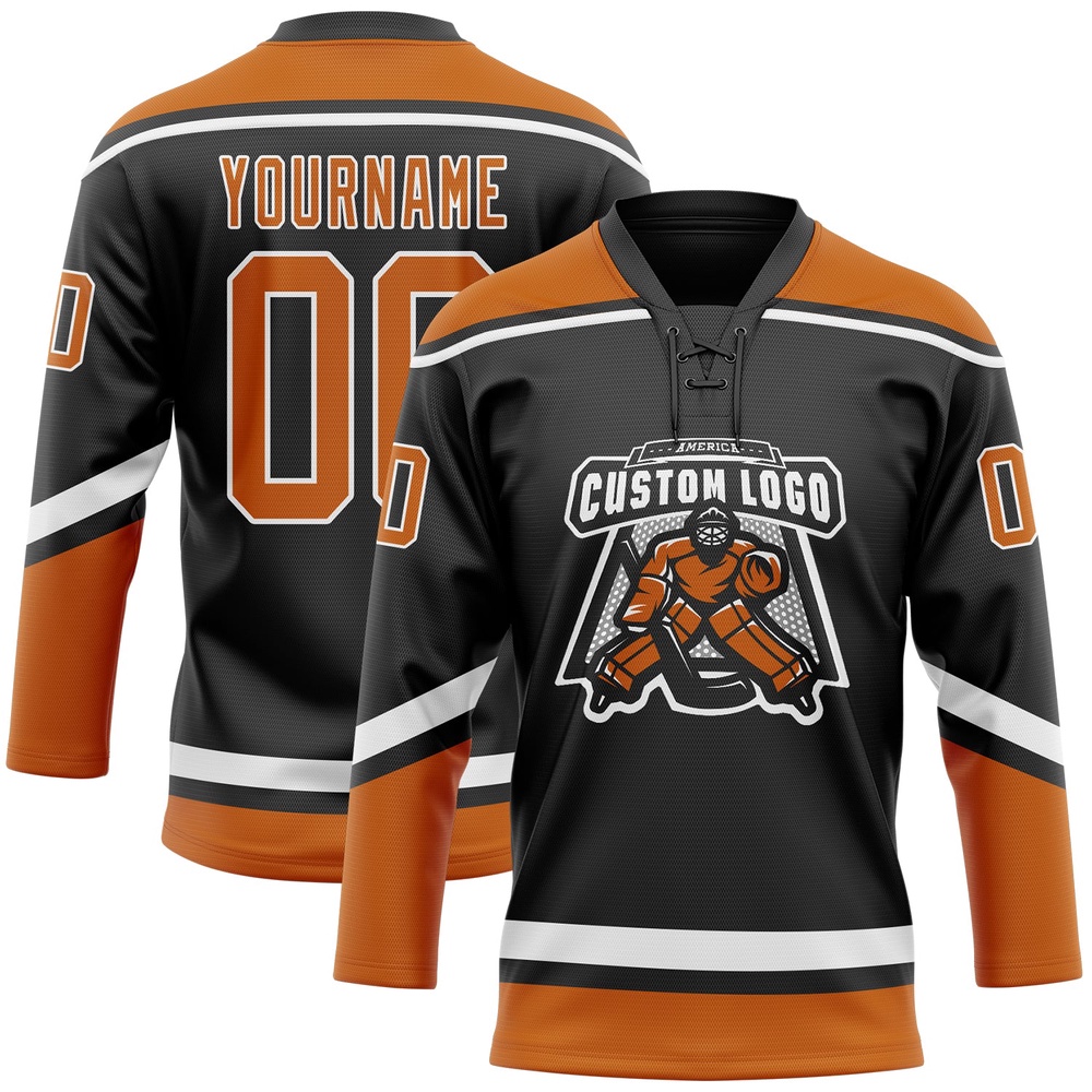 Custom Black Texas Orange White Hockey Lace Neck Jersey, New Hockey Jersey, Personali Sport Team Jersey Shirt