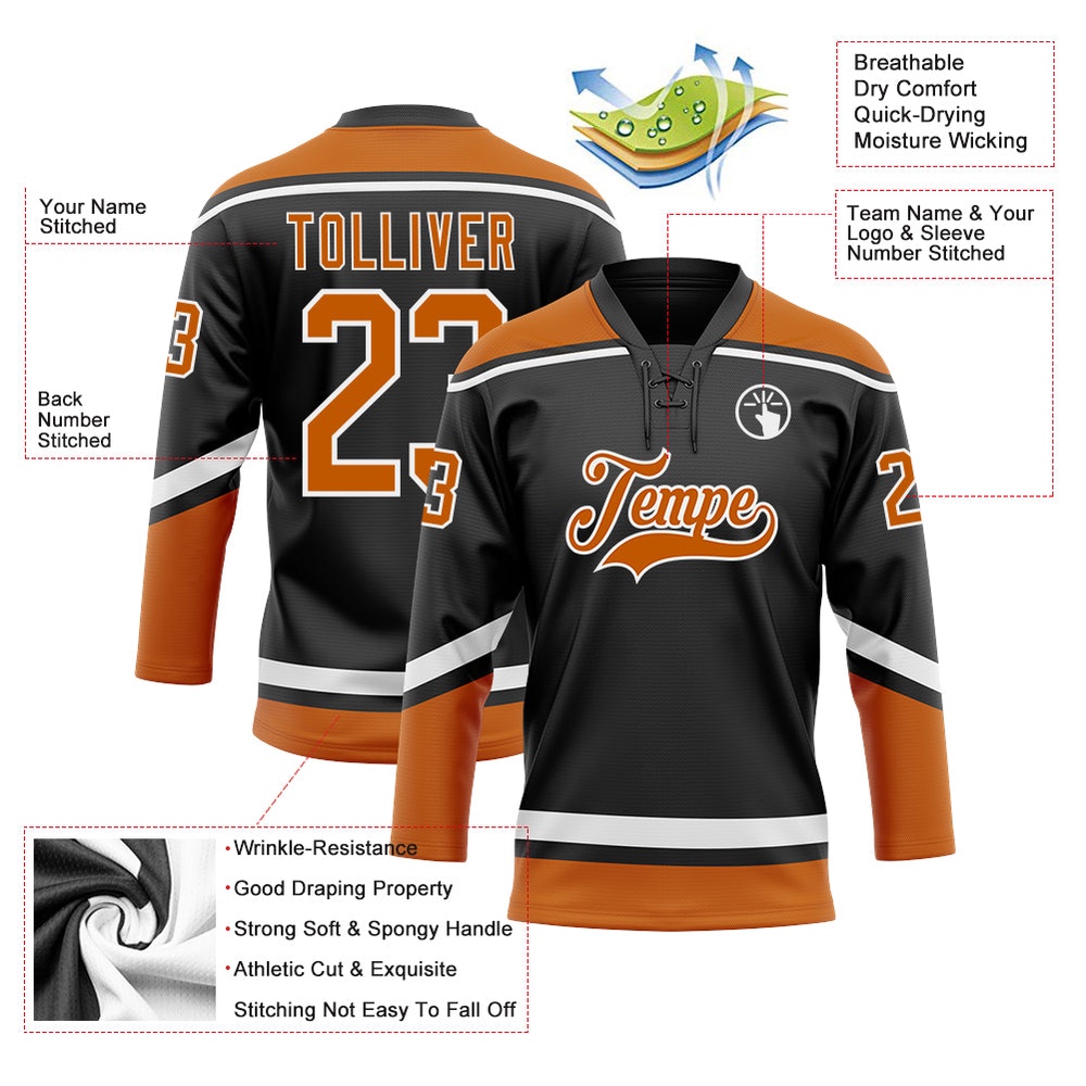 Custom Black Texas Orange White Hockey Lace Neck Jersey, New Hockey Jersey, Personali Sport Team Jersey Shirt