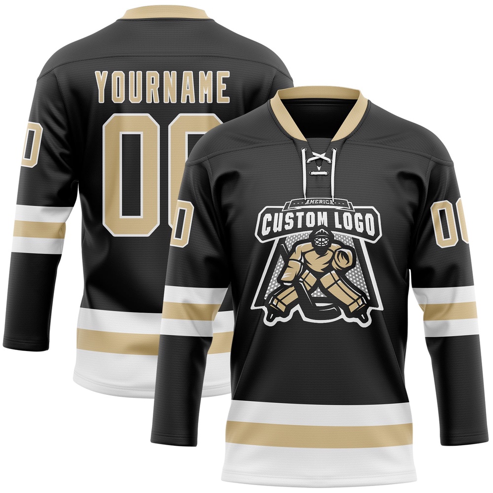 Custom Black Vegas Gold White Hockey Lace Neck Jersey, New Hockey Jersey, Personali Sport Team Jersey Shirt