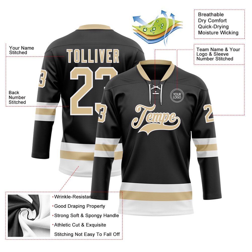 Custom Black Vegas Gold White Hockey Lace Neck Jersey, New Hockey Jersey, Personali Sport Team Jersey Shirt