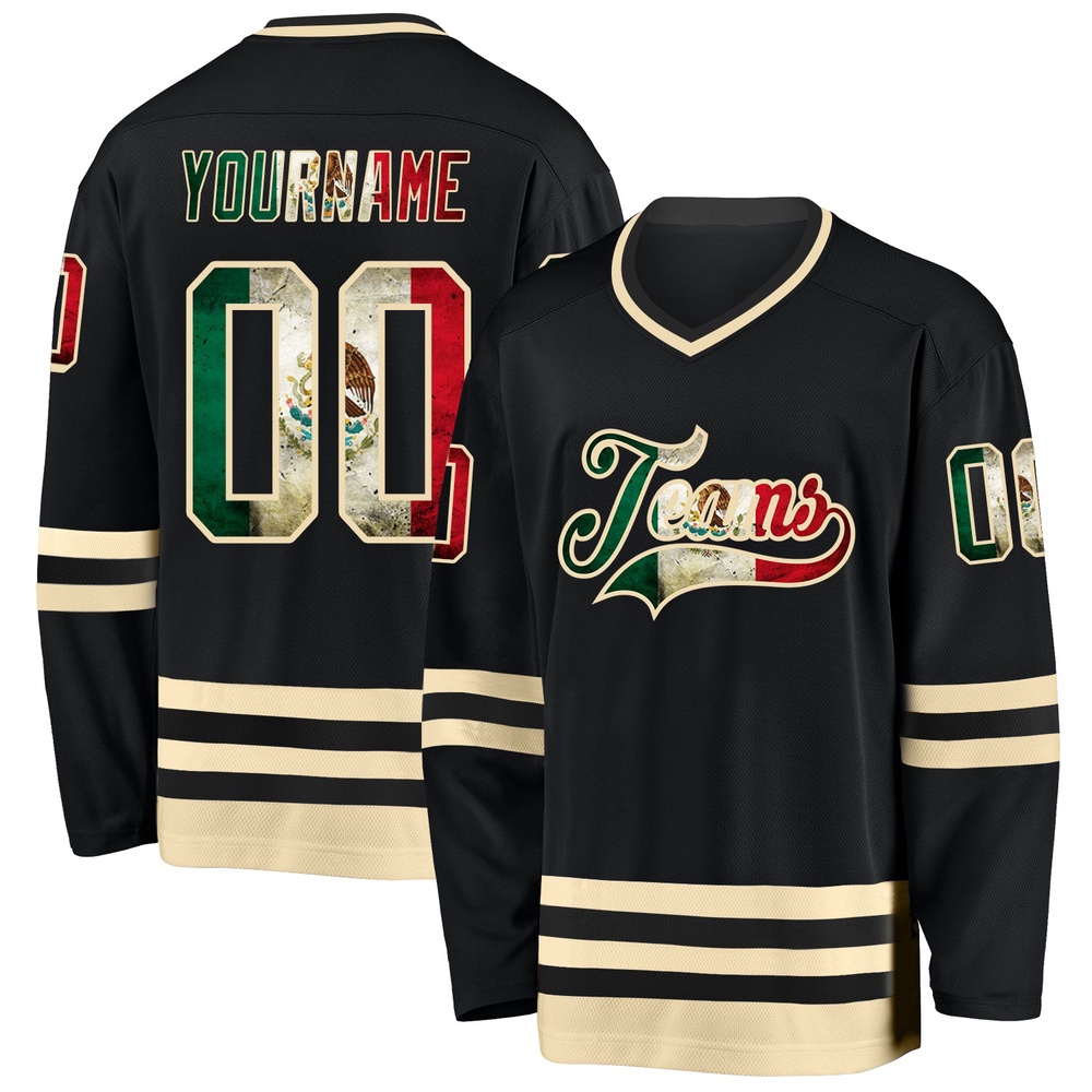 Custom Black Vintage Mexican Flag Cream Hockey Jersey, New Hockey Jersey, Personali Sport Team Jersey Shirt