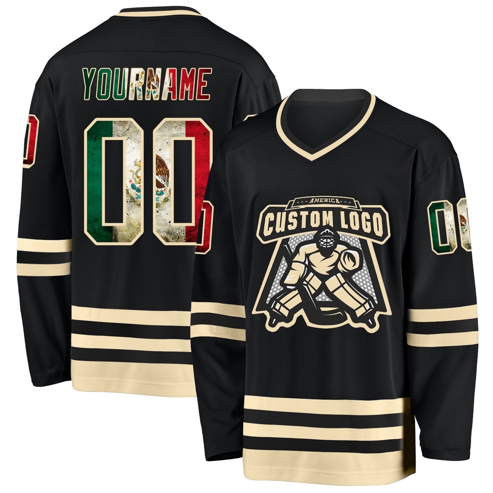 Custom Black Vintage Mexican Flag Cream Hockey Jersey, New Hockey Jersey, Personali Sport Team Jersey Shirt