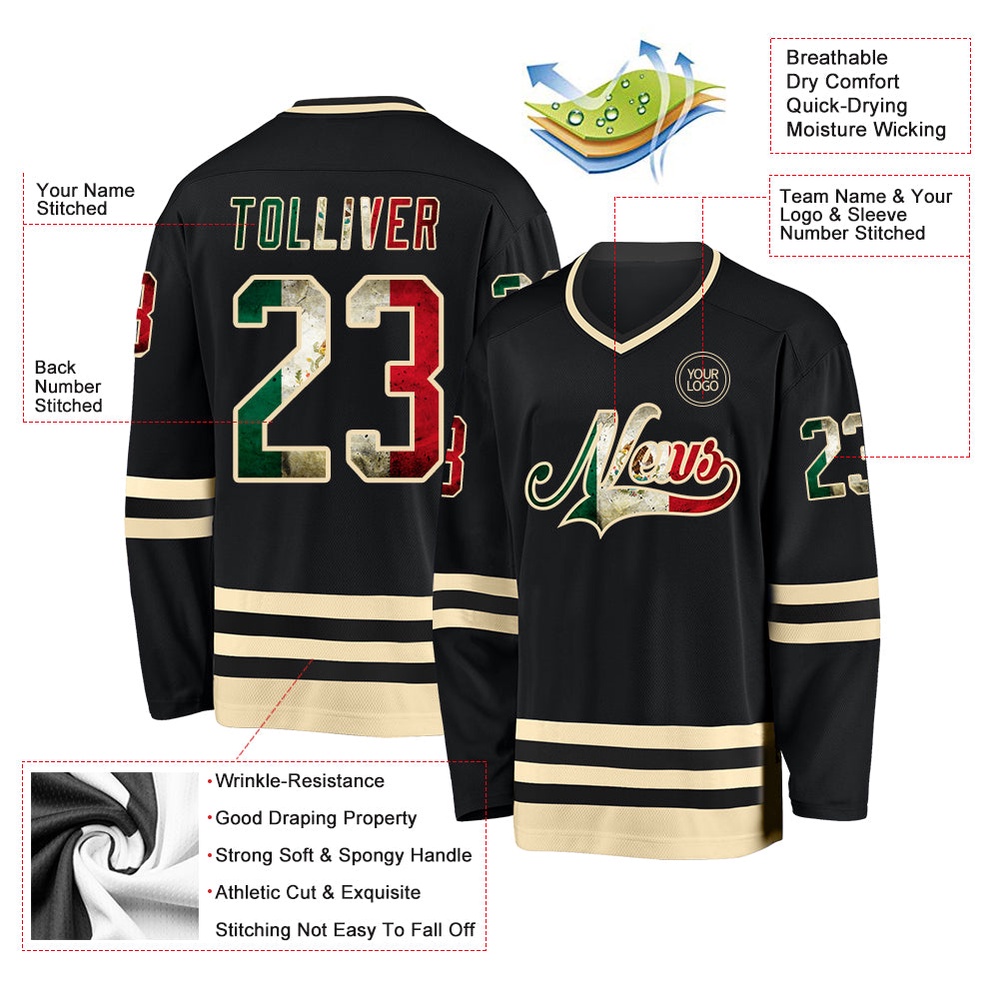 Custom Black Vintage Mexican Flag Cream Hockey Jersey, New Hockey Jersey, Personali Sport Team Jersey Shirt