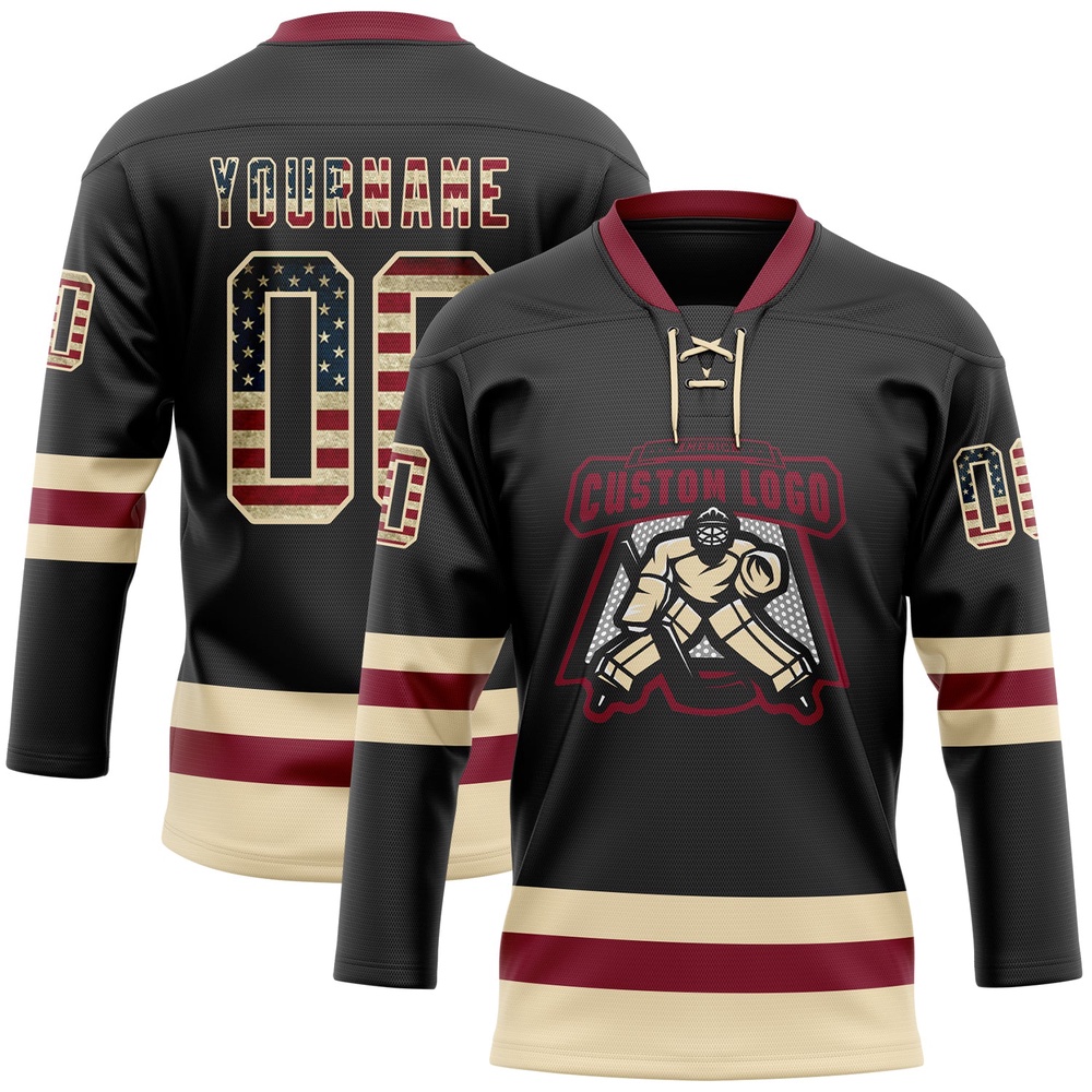 Custom Black Vintage USA Flag Cream Crimson Hockey Lace Neck Jersey, New Hockey Jersey, Personali Sport Team Jersey Shirt