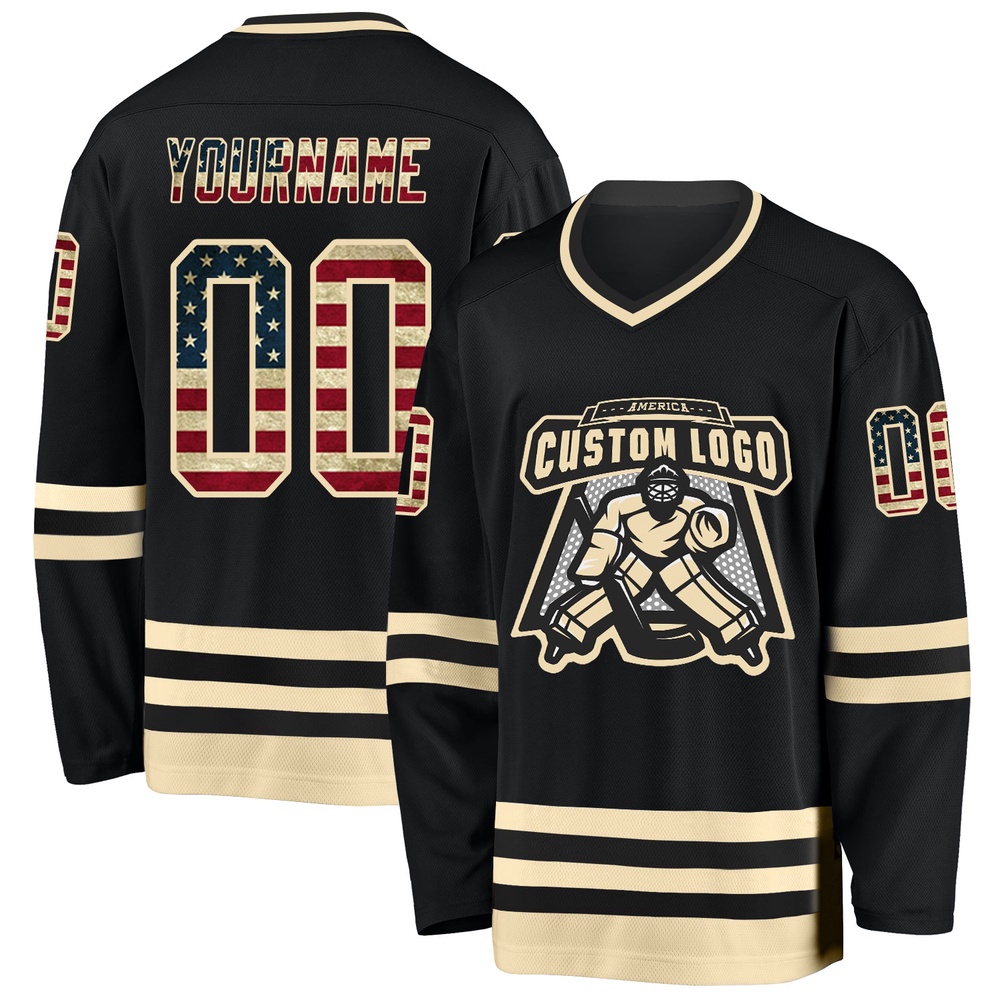 Custom Black Vintage USA Flag Cream Hockey Jersey, New Hockey Jersey, Personali Sport Team Jersey Shirt