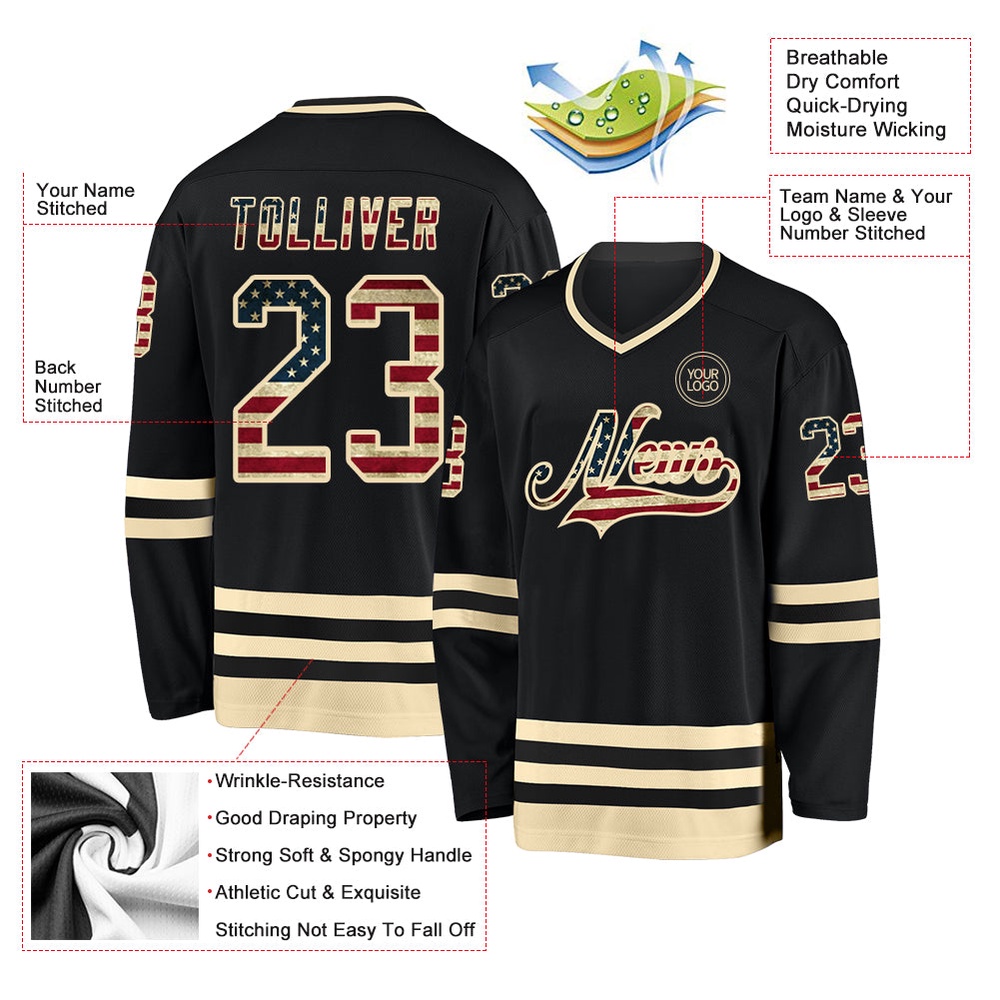 Custom Black Vintage USA Flag Cream Hockey Jersey, New Hockey Jersey, Personali Sport Team Jersey Shirt