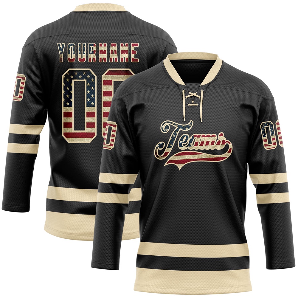 Custom Black Vintage USA Flag Cream Hockey Lace Neck Jersey, New Hockey Jersey, Personali Sport Team Jersey Shirt