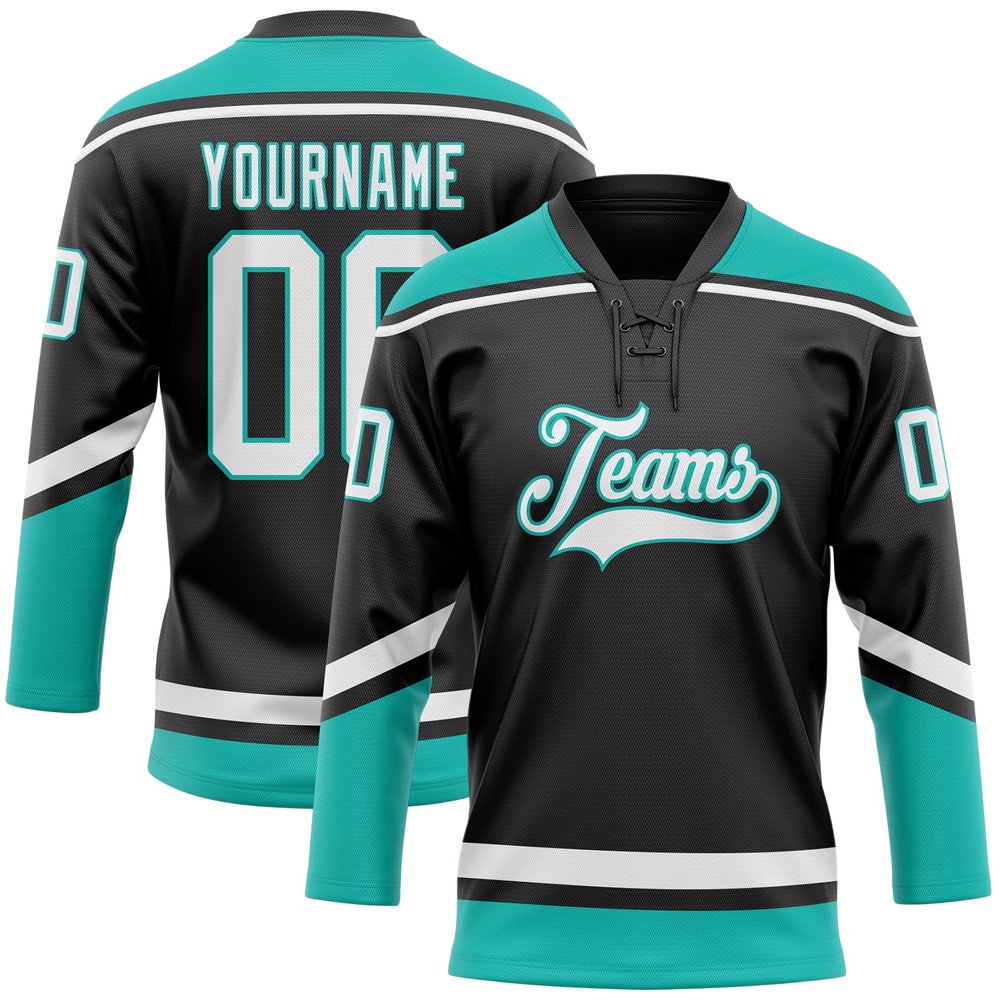 Custom Black White Aqua Hockey Lace Neck Jersey, New Hockey Jersey, Personali Sport Team Jersey Shirt
