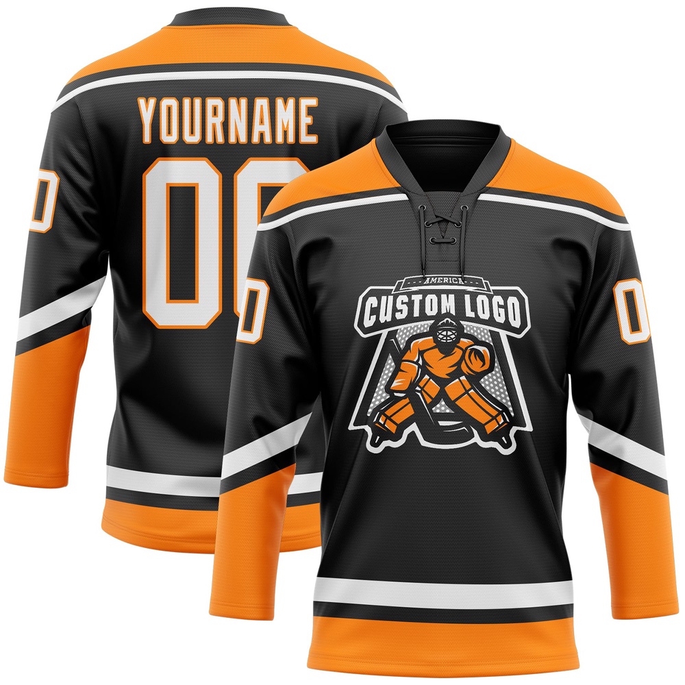 Custom Black White Bay Orange Hockey Lace Neck Jersey, New Hockey Jersey, Personali Sport Team Jersey Shirt