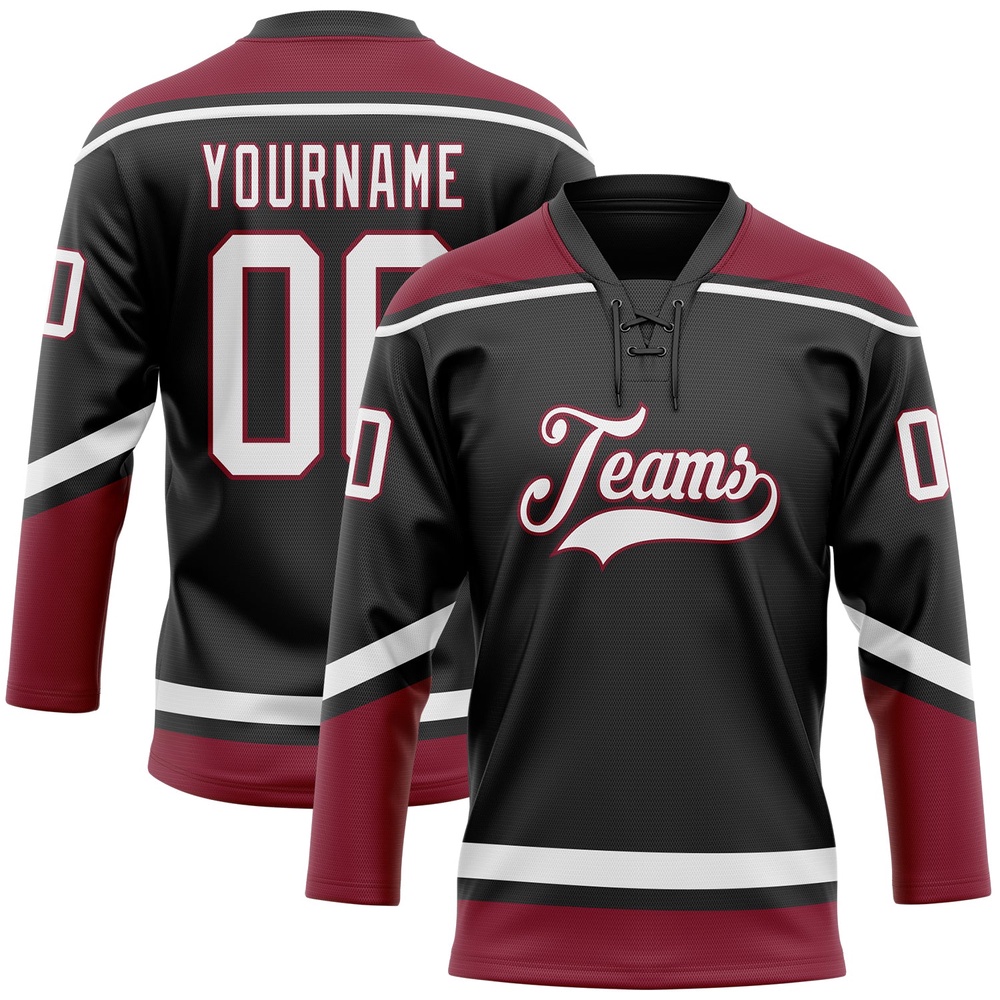 Custom Black White Crimson Hockey Lace Neck Jersey, New Hockey Jersey, Personali Sport Team Jersey Shirt