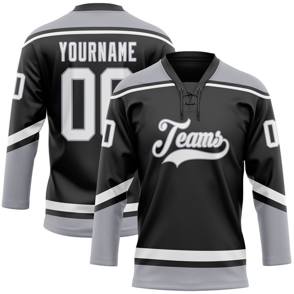 Custom Black White Gray Hockey Lace Neck Jersey, New Hockey Jersey, Personali Sport Team Jersey Shirt