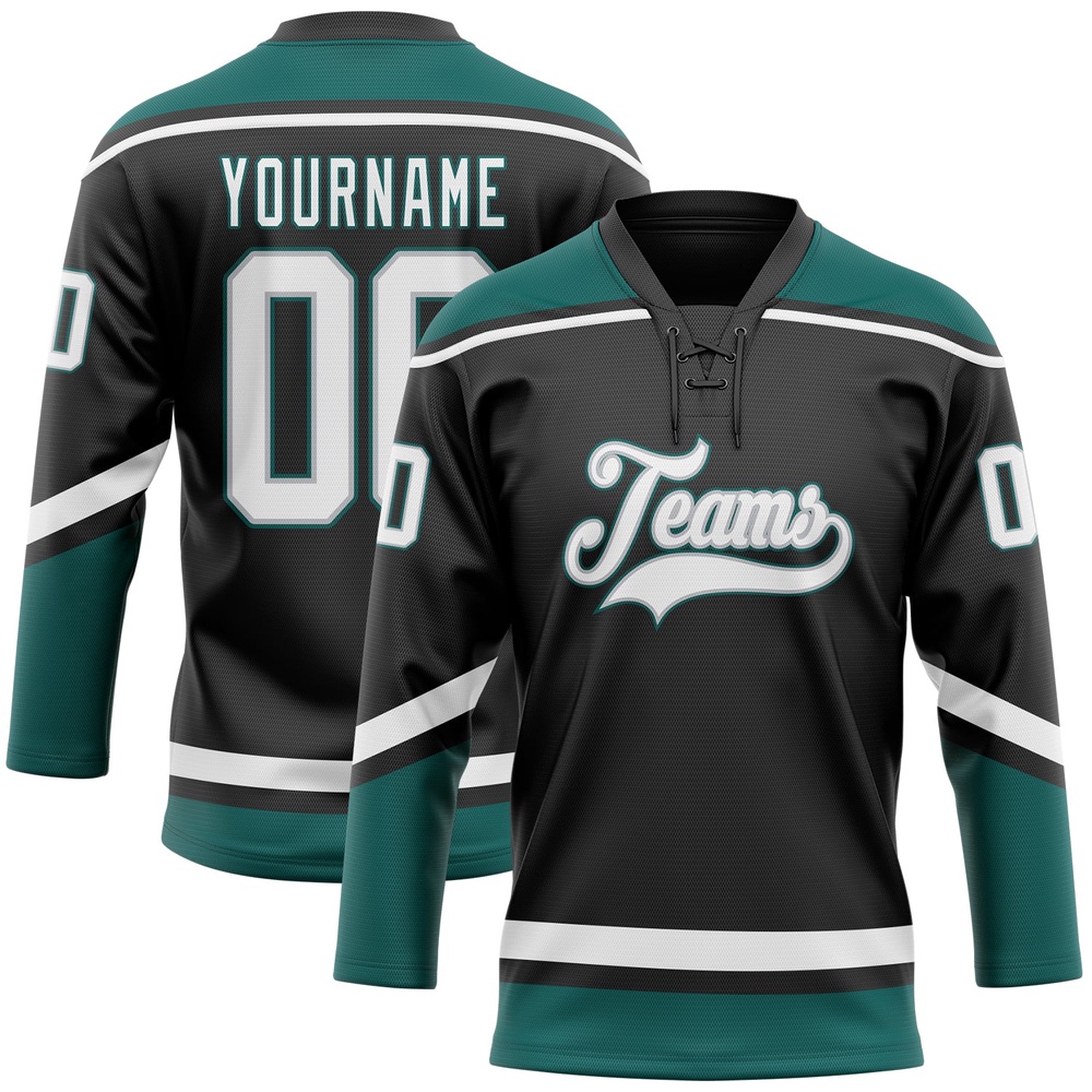 Custom Black White Gray Midnight Green Hockey Lace Neck Jersey, New Hockey Jersey, Personali Sport Team Jersey Shirt