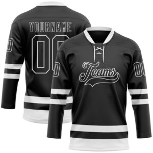 Custom Black White Hockey Lace Neck Jersey,…