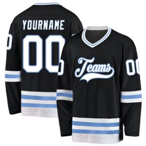 Custom Black White Light Blue Hockey Jersey,…