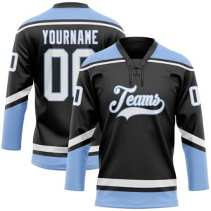 Custom Black White Light Blue Hockey Lace…