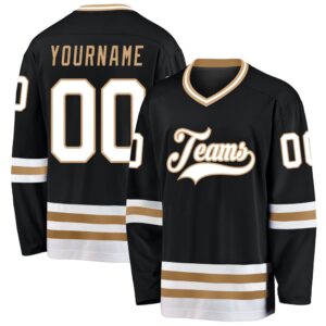 Custom Black White Old Gold Hockey Jersey,…