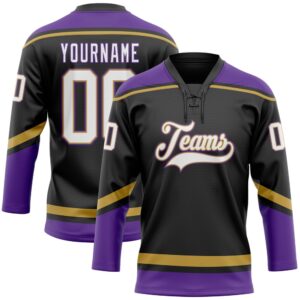 Custom Black White Old Gold Purple Hockey…