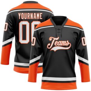 Custom Black White Orange Hockey Lace Neck…