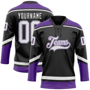 Custom Black White Purple Hockey Lace Neck…