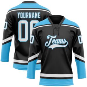 Custom Black White Sky Blue Hockey Lace…