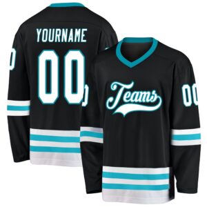 Custom Black White Teal Hockey Jersey, New…