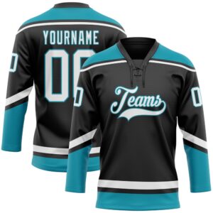 Custom Black White Teal Hockey Lace Neck…