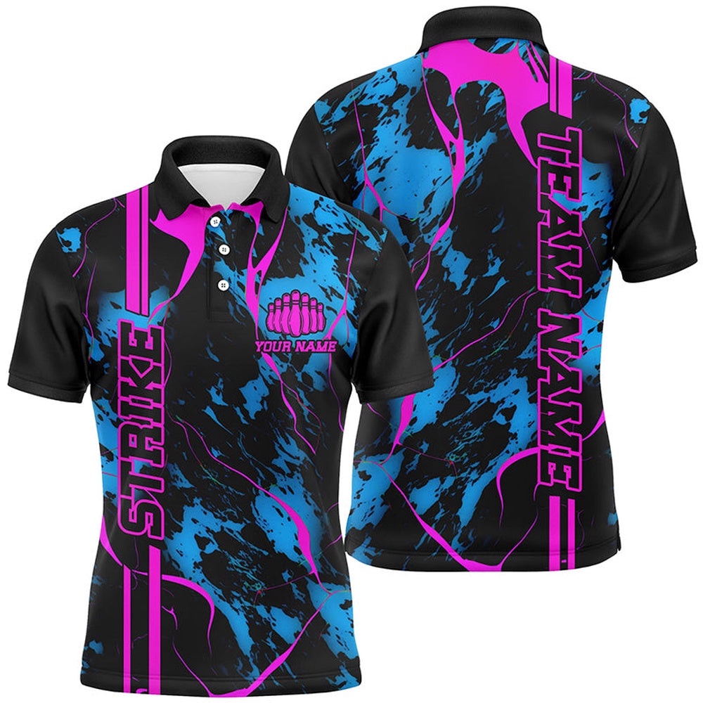Custom Blue And Pink Strike Bowling Shirts Men Polo Camo Bowling Team Polo Shirt Bowling League, Personalized Bowling Team Shirt Custom Blue And Pink Strike Bowling Shirts Men Polo Camo Bowling Team Polo Shirt Bowling League, Personalized Bowling Team Shirt