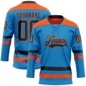 Custom Blue Black Orange Hockey Lace Neck…