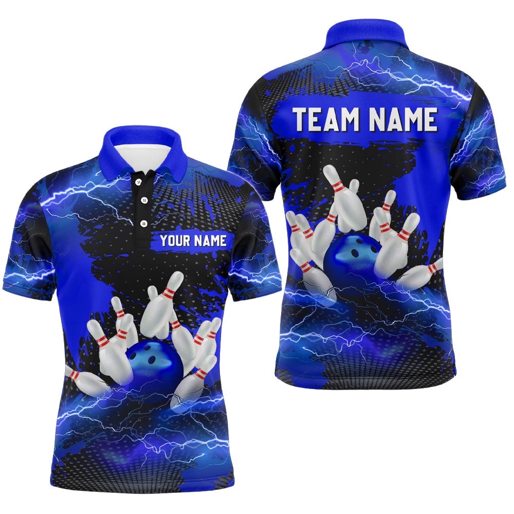 Custom Blue Bowling Polo Shirts Men & Women Lightning Thunder Bowling Team Polo Shirt, Personalized Bowling Team Shirt