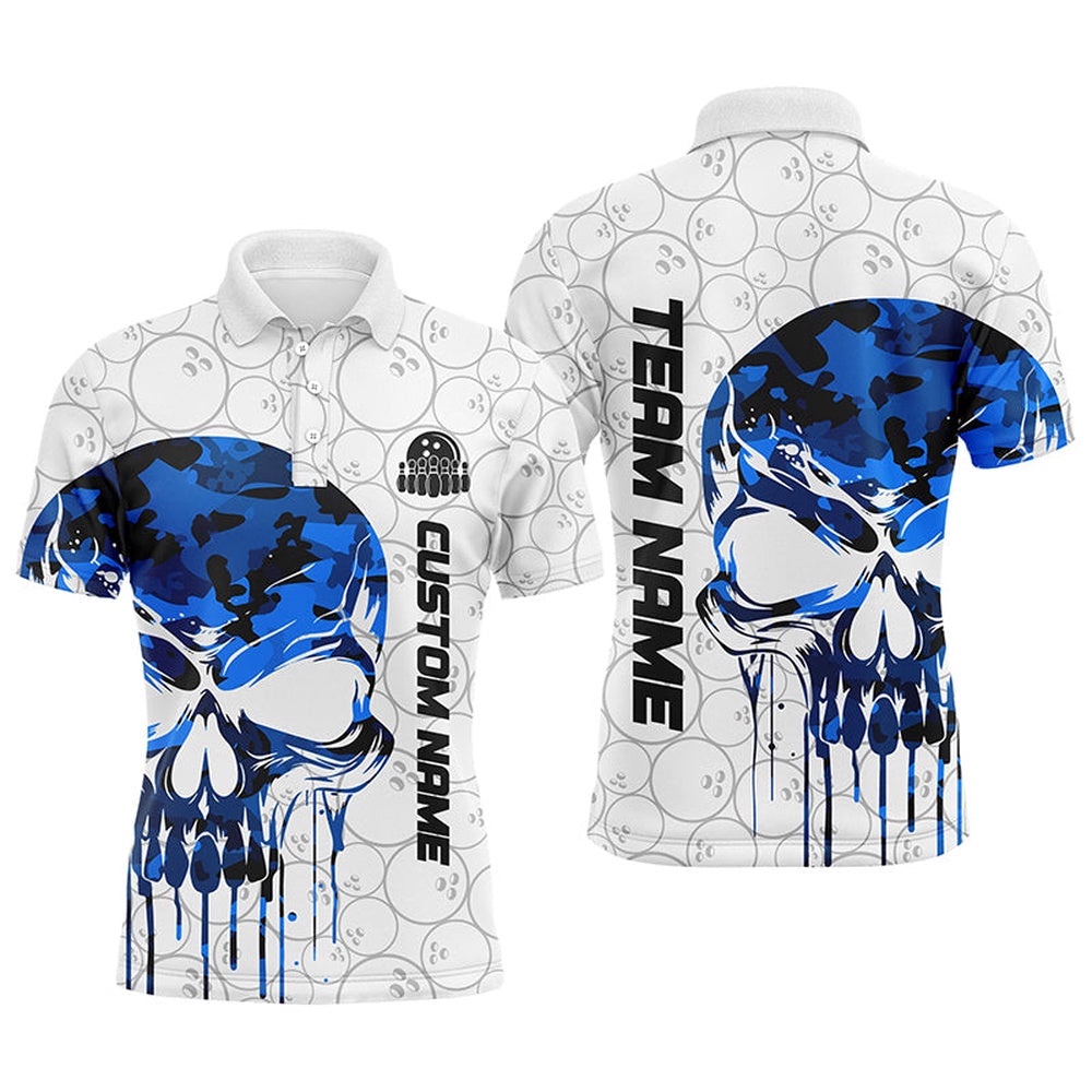 Custom Blue Camo Skull Bowling Polo Shirts Men Team Bowling Polo Shirt Bowling League Outfit, Personalized Bowling Team Shirt