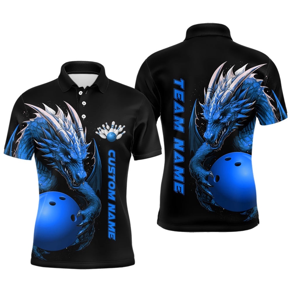 Custom Blue Dragon Men Bowling Polo Shirts Team Bowling Polo Shirt Bowling Apparel For Bowler, Personalized Bowling Team Shirt