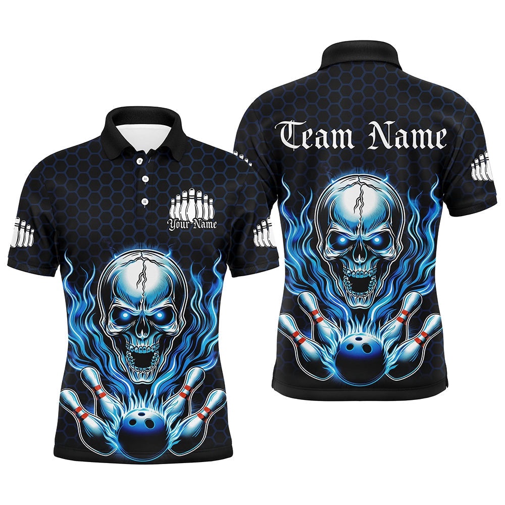 Custom Blue Flame Bowling Polo Shirts For Men, Halloween Skull Bowling Shirt Bowling Outfit, Personalized Bowling Team Shirt Custom Blue Flame Bowling Polo Shirts For Men, Halloween Skull Bowling Shirt Bowling Outfit, Personalized Bowling Team Shirt